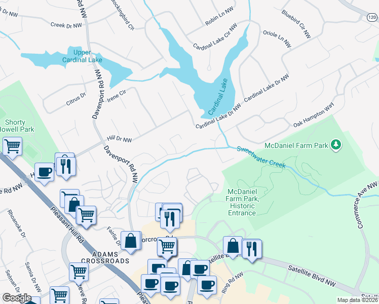 map of restaurants, bars, coffee shops, grocery stores, and more near 3232 Davenport Park Lane in Duluth