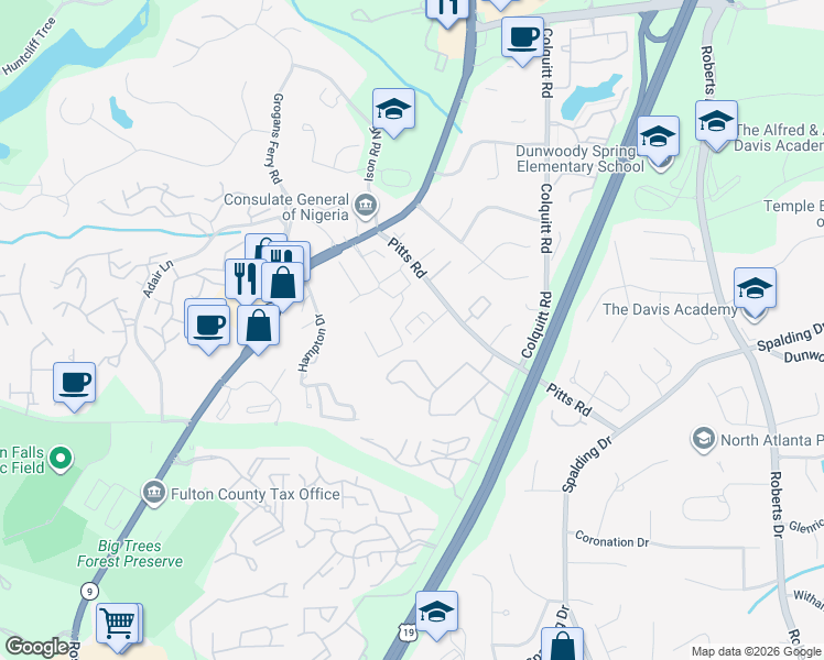 map of restaurants, bars, coffee shops, grocery stores, and more near 925 Telfair Close in Sandy Springs