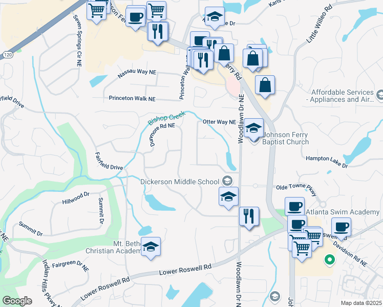 map of restaurants, bars, coffee shops, grocery stores, and more near 909 Otter Way Northeast in Marietta