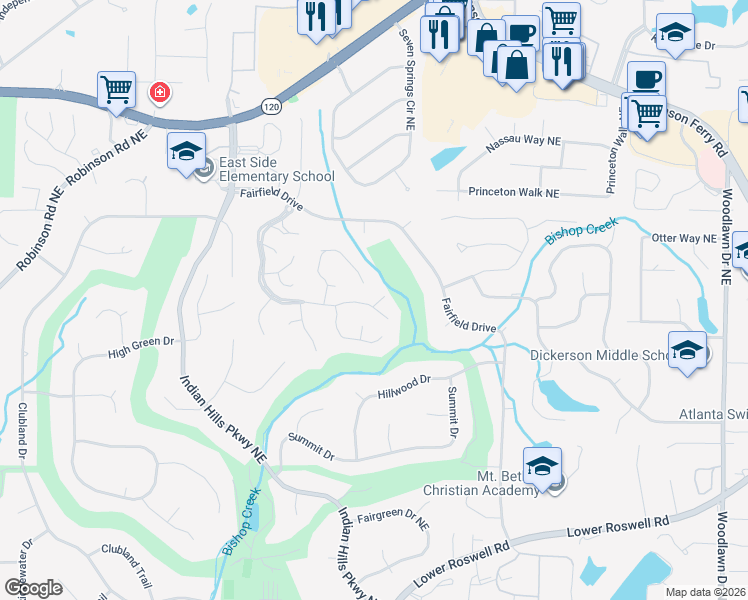 map of restaurants, bars, coffee shops, grocery stores, and more near 4083 Audubon Drive in Marietta