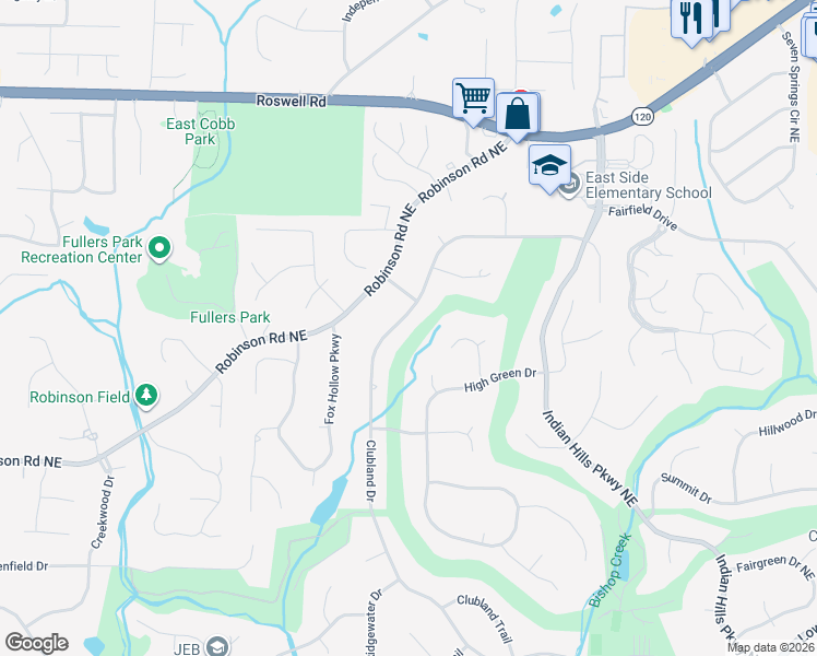 map of restaurants, bars, coffee shops, grocery stores, and more near 3495 Clubland Drive in Marietta