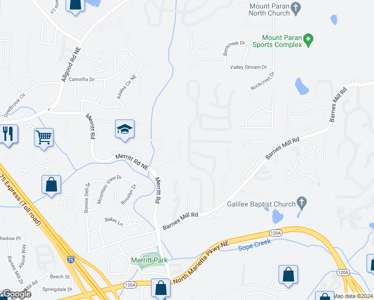 map of restaurants, bars, coffee shops, grocery stores, and more near 891 Soaring Drive Northeast in Marietta