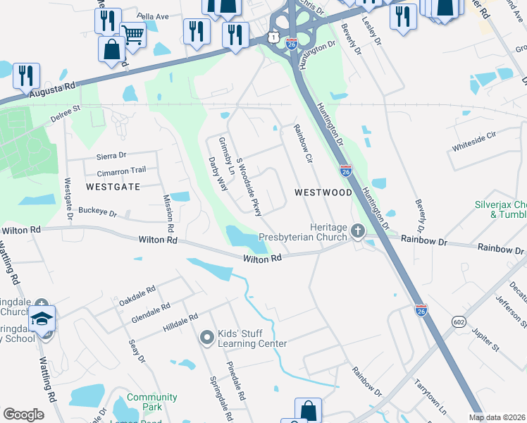 map of restaurants, bars, coffee shops, grocery stores, and more near 300 Whispering Glen Court in West Columbia