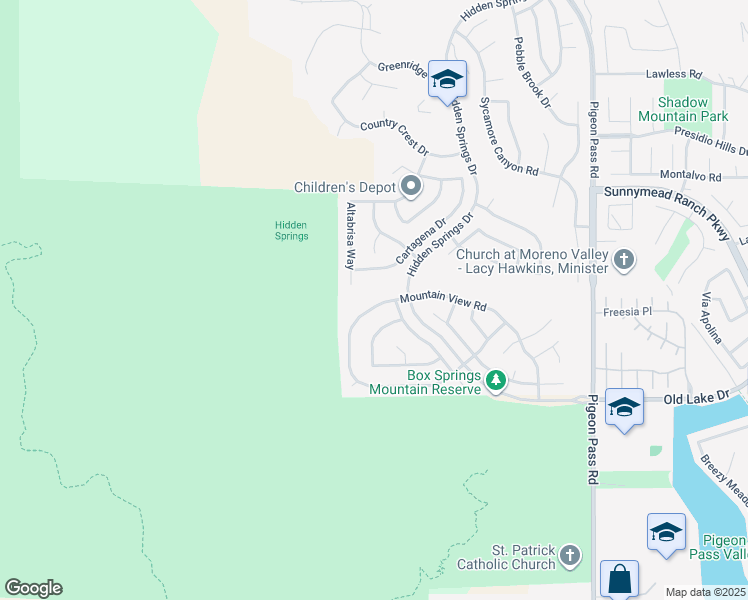 map of restaurants, bars, coffee shops, grocery stores, and more near 22508 Mountain View Road in Moreno Valley