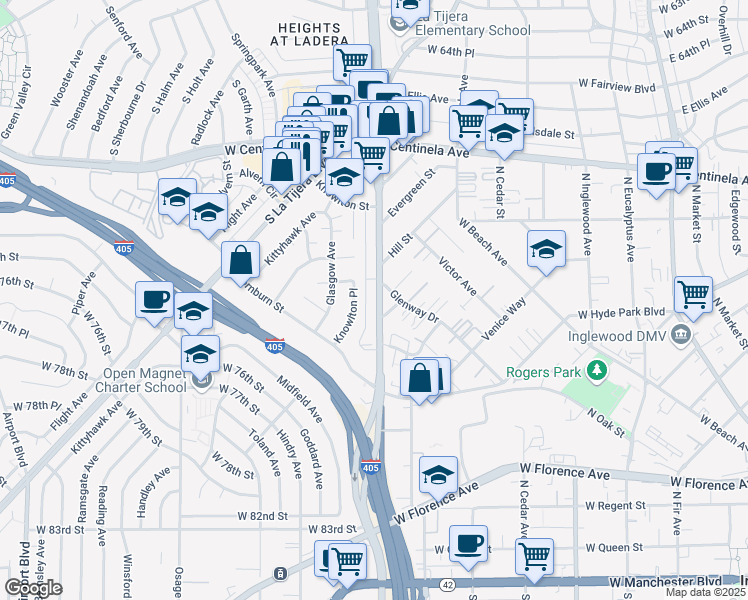 map of restaurants, bars, coffee shops, grocery stores, and more near 7127 South La Cienega Boulevard in Los Angeles