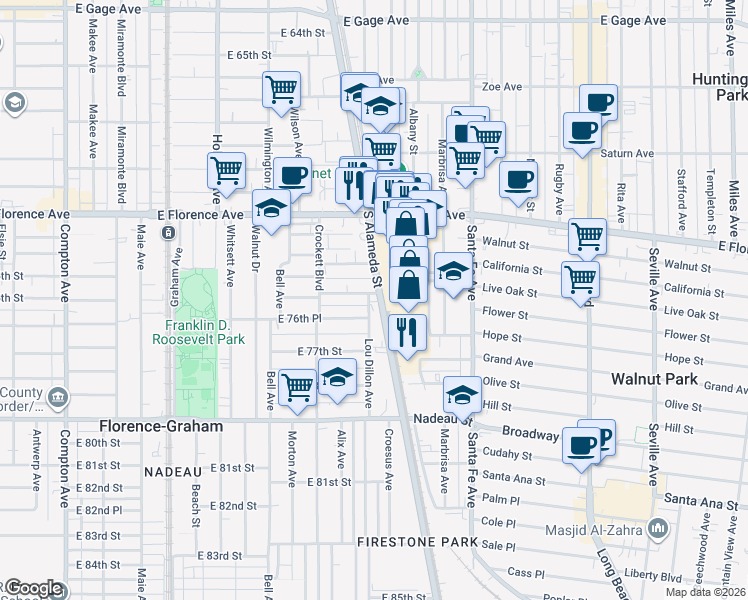 map of restaurants, bars, coffee shops, grocery stores, and more near 7601 South Alameda Street in Los Angeles