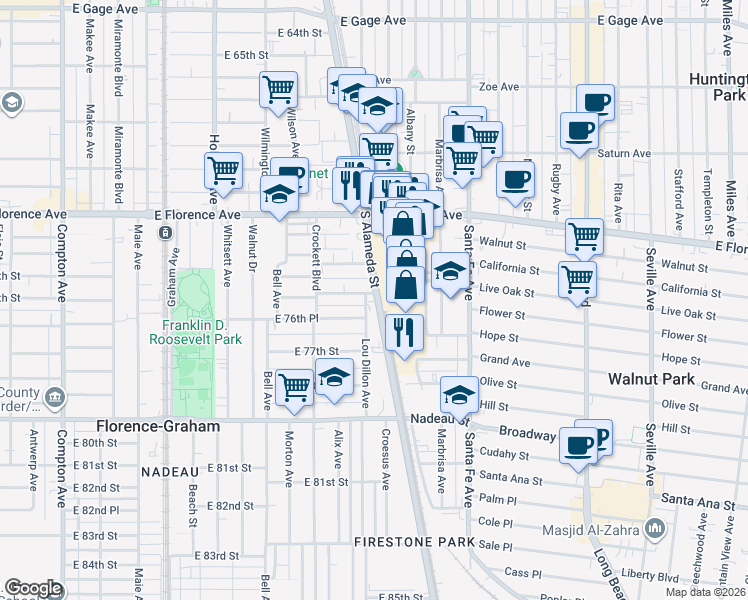 map of restaurants, bars, coffee shops, grocery stores, and more near 7601 South Alameda Street in Los Angeles