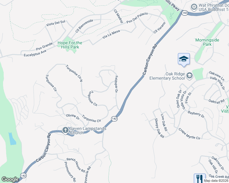 map of restaurants, bars, coffee shops, grocery stores, and more near 15494 Feldspar Drive in Chino Hills