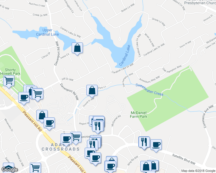 map of restaurants, bars, coffee shops, grocery stores, and more near 3232 Davenport Park Lane in Duluth