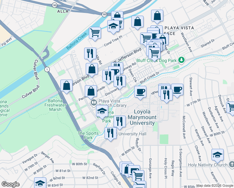 map of restaurants, bars, coffee shops, grocery stores, and more near 6551 South Seabluff Drive in Los Angeles