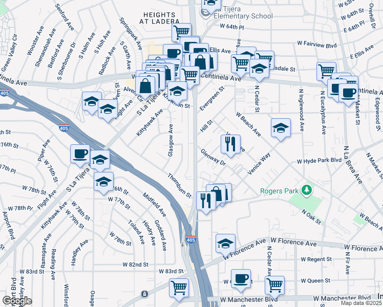 map of restaurants, bars, coffee shops, grocery stores, and more near 7125 South La Cienega Boulevard in Los Angeles