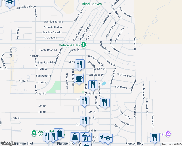 map of restaurants, bars, coffee shops, grocery stores, and more near 66550 San Diego Drive in Desert Hot Springs