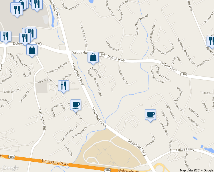 map of restaurants, bars, coffee shops, grocery stores, and more near 2130 Racquet Club Circle Northwest in Lawrenceville