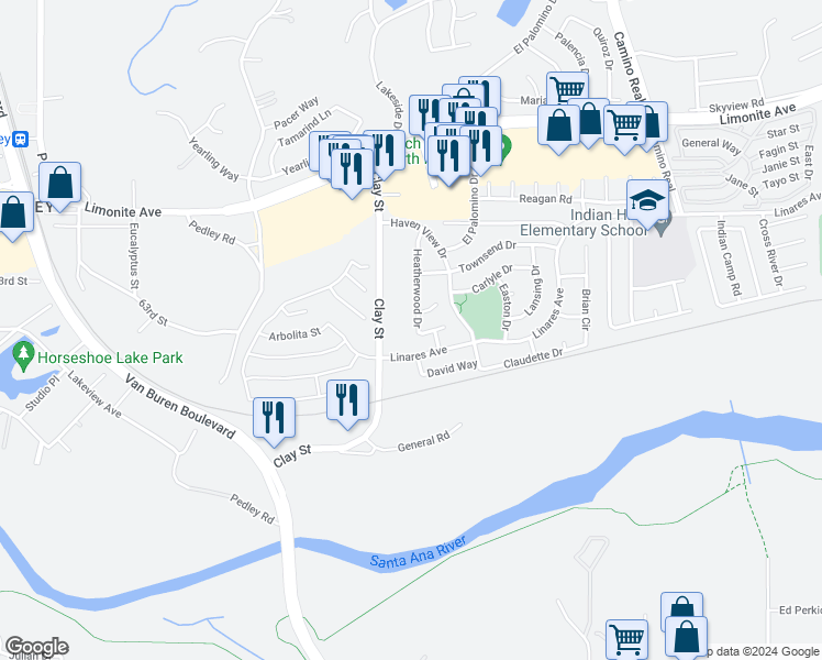 map of restaurants, bars, coffee shops, grocery stores, and more near 6369 Heatherwood Drive in Riverside