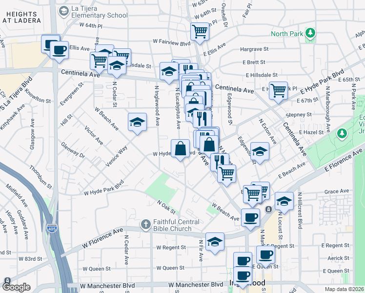 map of restaurants, bars, coffee shops, grocery stores, and more near 708 North Eucalyptus Avenue in Inglewood