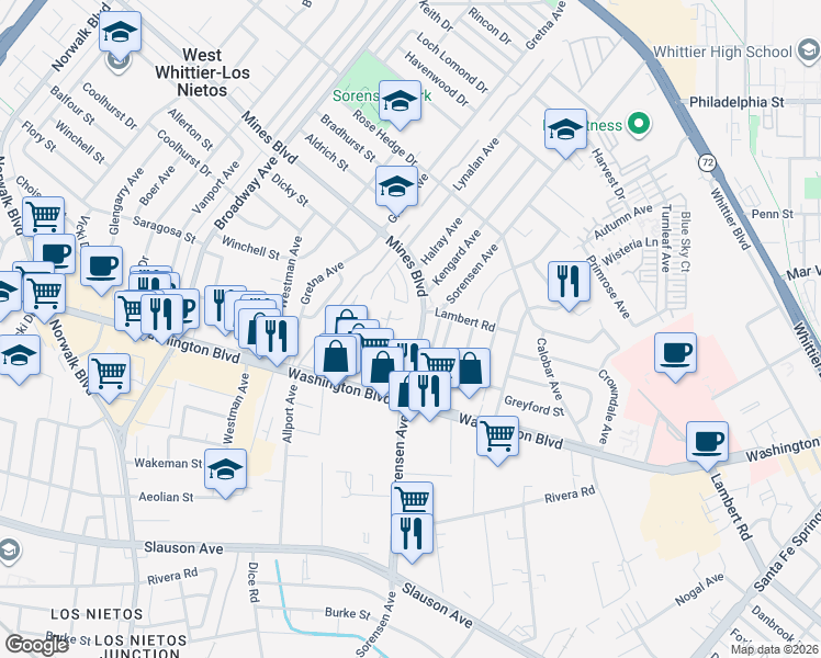 map of restaurants, bars, coffee shops, grocery stores, and more near in Whittier
