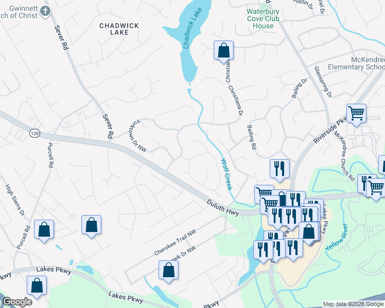 map of restaurants, bars, coffee shops, grocery stores, and more near 1317 Raleigh Way Northwest in Lawrenceville