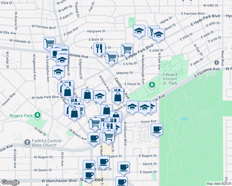 map of restaurants, bars, coffee shops, grocery stores, and more near 410 East Hazel Street in Inglewood