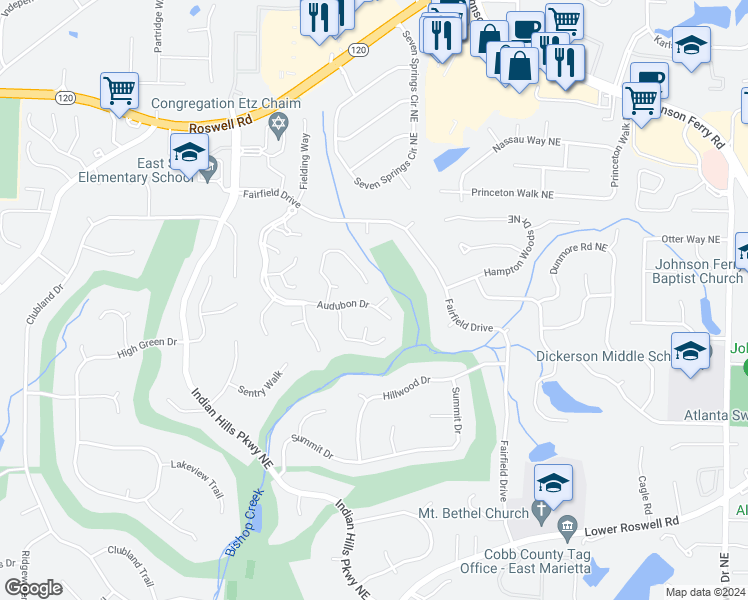 map of restaurants, bars, coffee shops, grocery stores, and more near 4081 Audubon Drive in Marietta