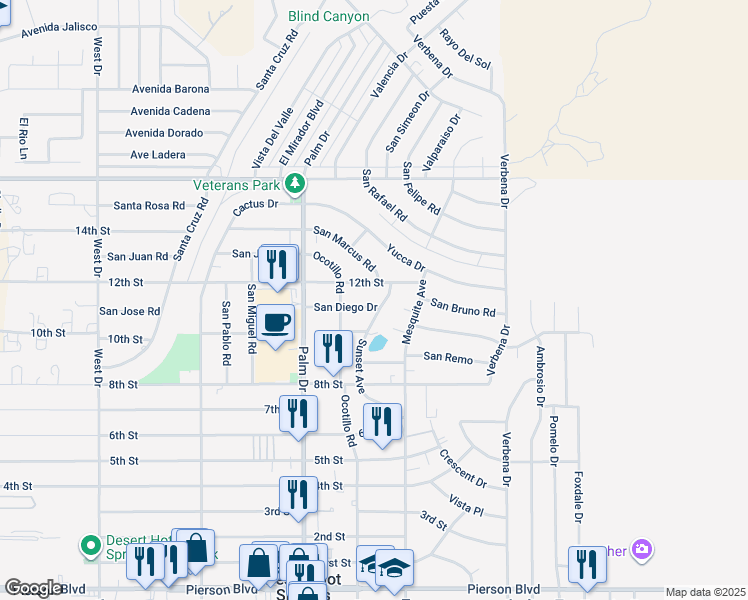 map of restaurants, bars, coffee shops, grocery stores, and more near 66680 San Diego Drive in Desert Hot Springs