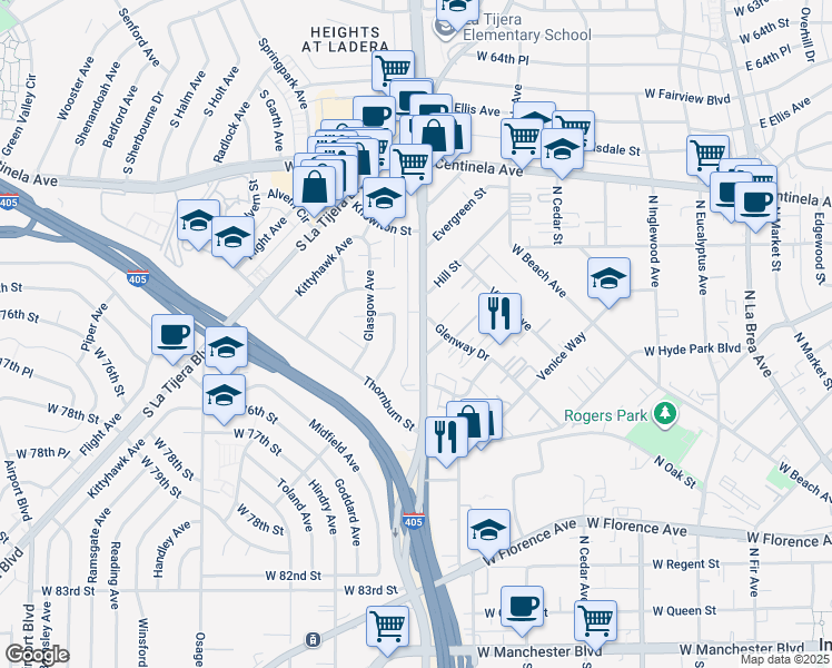 map of restaurants, bars, coffee shops, grocery stores, and more near 7125 South La Cienega Boulevard in Los Angeles