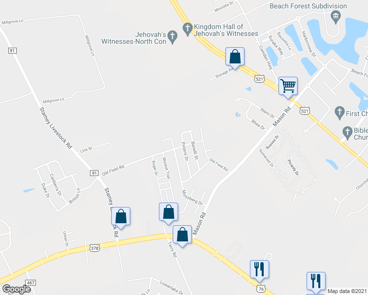 map of restaurants, bars, coffee shops, grocery stores, and more near 1792 Polaris Drive in Sumter