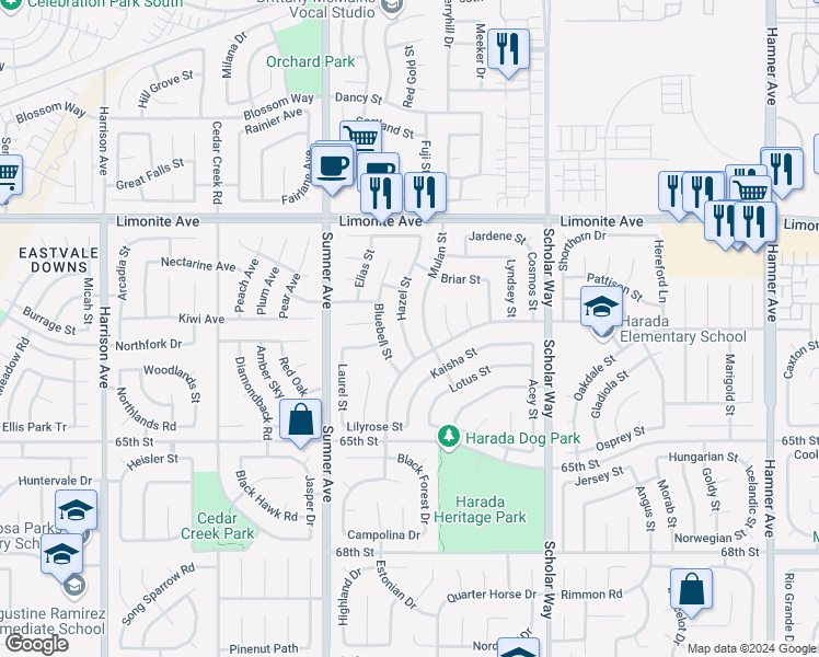 map of restaurants, bars, coffee shops, grocery stores, and more near 6380 Hazel Street in Corona