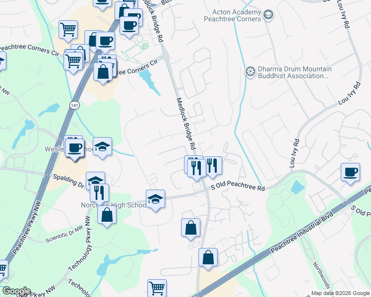 map of restaurants, bars, coffee shops, grocery stores, and more near 3480 Bridge Mill Court in Norcross