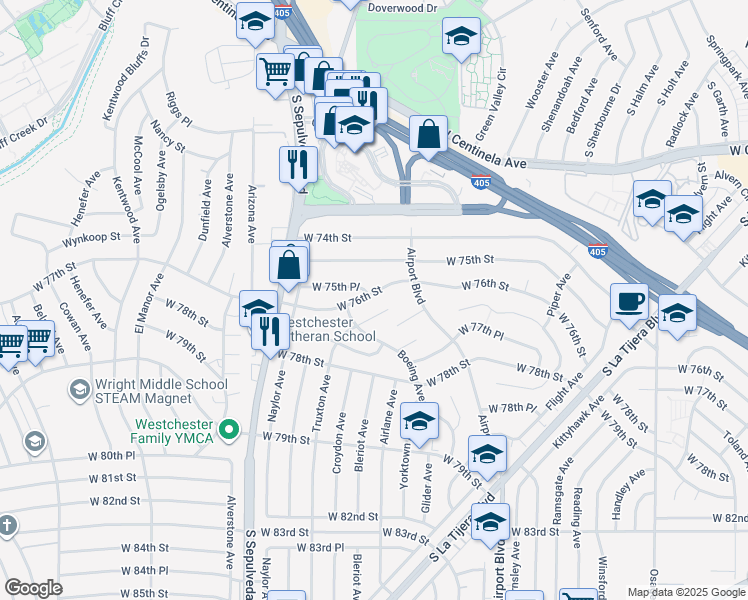 map of restaurants, bars, coffee shops, grocery stores, and more near 6052 West 76th Street in Los Angeles