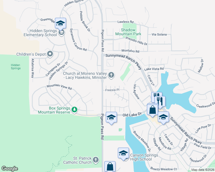map of restaurants, bars, coffee shops, grocery stores, and more near 10296 Albatross Place in Moreno Valley