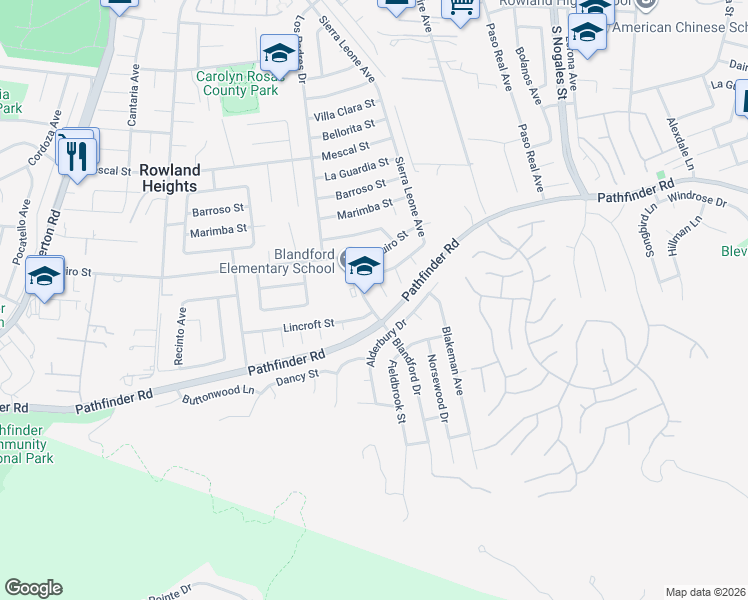 map of restaurants, bars, coffee shops, grocery stores, and more near 2634 Blandford Drive in Rowland Heights