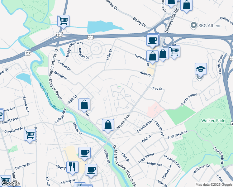 map of restaurants, bars, coffee shops, grocery stores, and more near 211 North Avenue in Athens