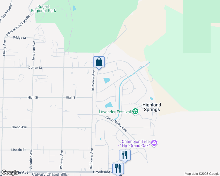 map of restaurants, bars, coffee shops, grocery stores, and more near 40845 Laredo Trail in Cherry Valley