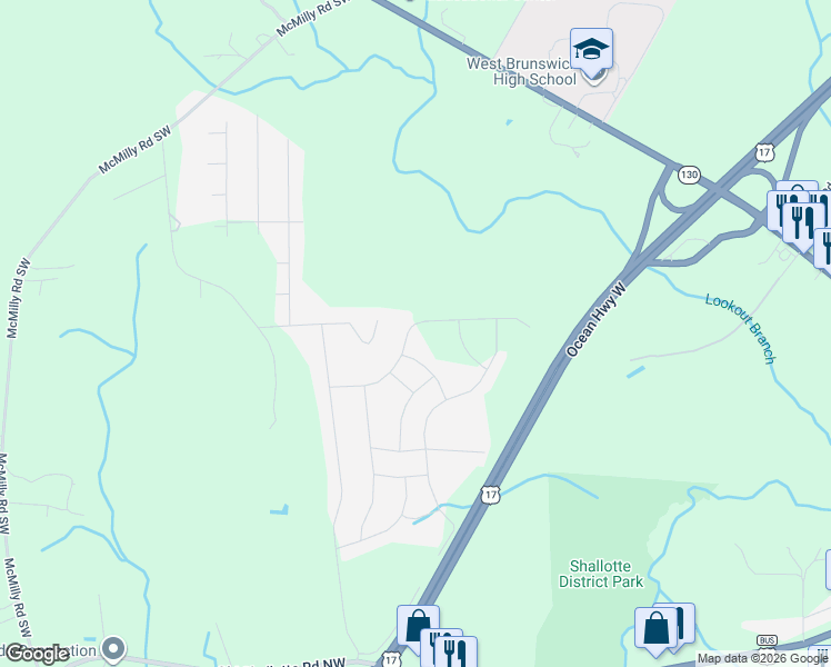map of restaurants, bars, coffee shops, grocery stores, and more near 4519 Squirrel Ave NW in Shallotte