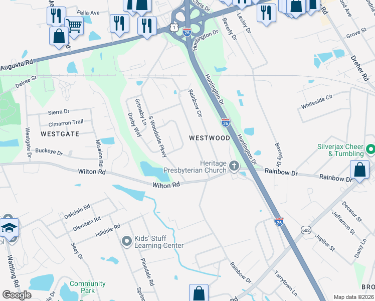 map of restaurants, bars, coffee shops, grocery stores, and more near 580 Rainbow Circle in West Columbia
