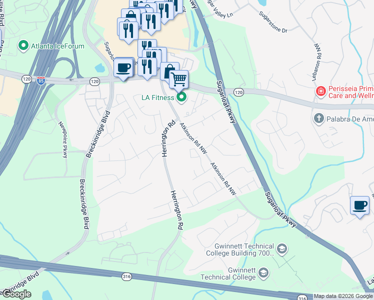 map of restaurants, bars, coffee shops, grocery stores, and more near 1893 Thomas Pointe Trace in Lawrenceville