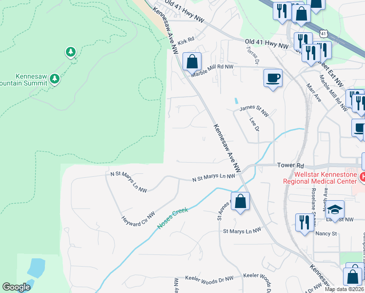 map of restaurants, bars, coffee shops, grocery stores, and more near 475 Dickson Avenue Northwest in Marietta