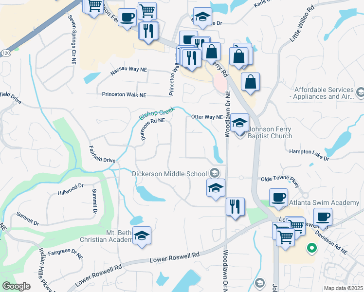 map of restaurants, bars, coffee shops, grocery stores, and more near 909 Otter Way Northeast in Marietta