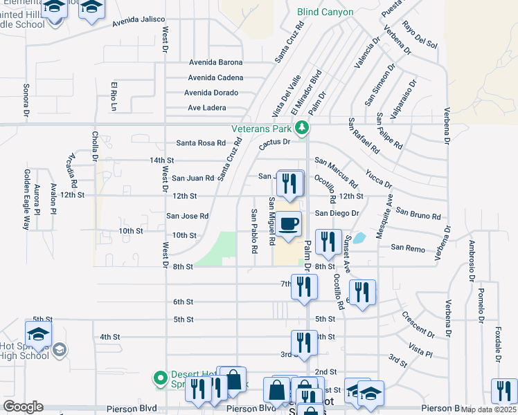 map of restaurants, bars, coffee shops, grocery stores, and more near 10552 San Pablo Road in Desert Hot Springs
