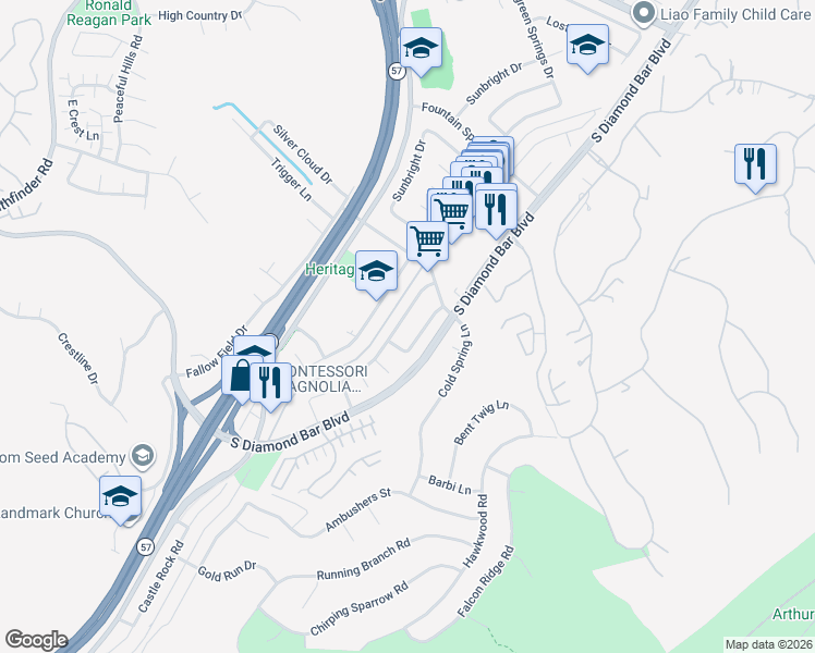 map of restaurants, bars, coffee shops, grocery stores, and more near 2962 Crooked Creek Drive in Diamond Bar