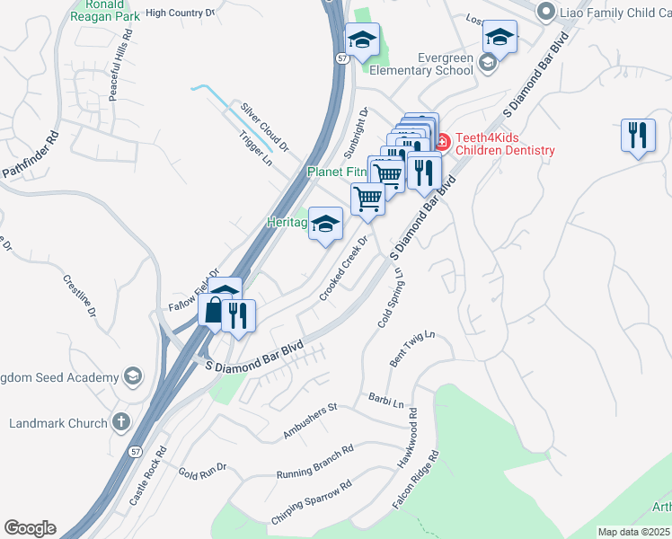 map of restaurants, bars, coffee shops, grocery stores, and more near 2973 Crooked Creek Drive in Pomona