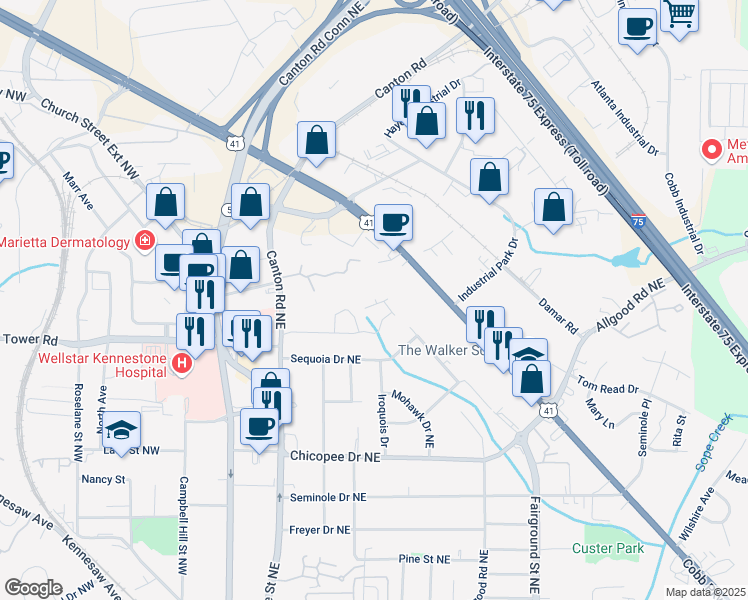 map of restaurants, bars, coffee shops, grocery stores, and more near 351 Gaines Street in Marietta