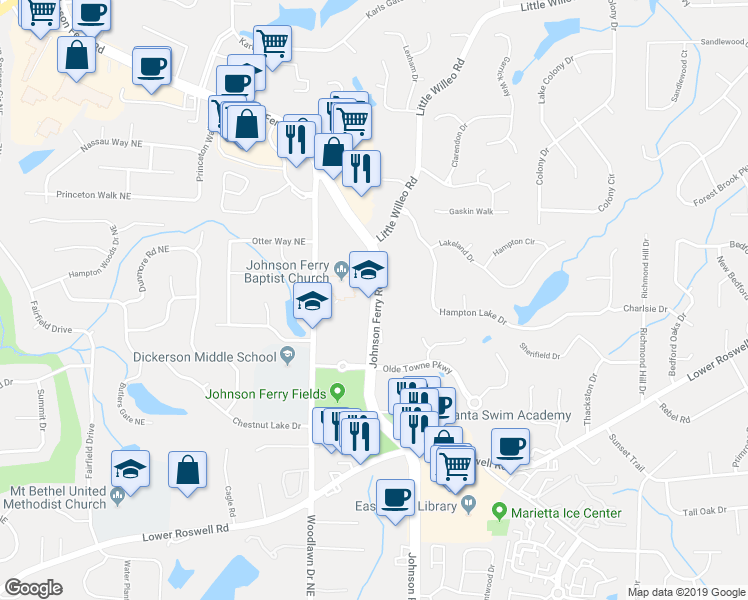map of restaurants, bars, coffee shops, grocery stores, and more near 1009 Johnson Ferry Road in Marietta