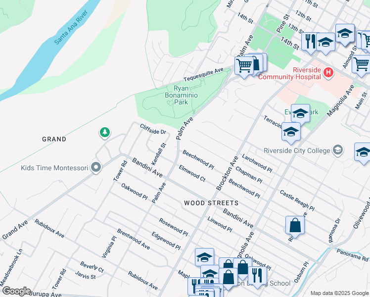 map of restaurants, bars, coffee shops, grocery stores, and more near 4495 Beechwood Place in Riverside