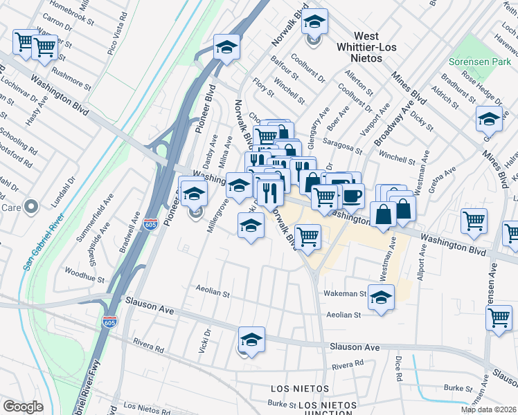 map of restaurants, bars, coffee shops, grocery stores, and more near 8024 Vicki Drive in Whittier