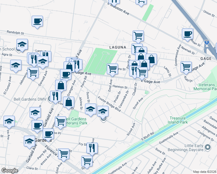 map of restaurants, bars, coffee shops, grocery stores, and more near 6505 Emil Avenue in Bell Gardens