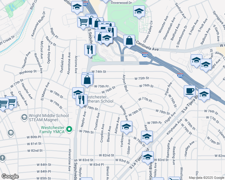 map of restaurants, bars, coffee shops, grocery stores, and more near 6052 West 76th Street in Los Angeles
