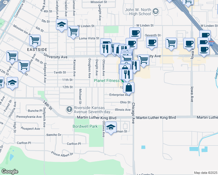 map of restaurants, bars, coffee shops, grocery stores, and more near 1883 12th Street in Riverside