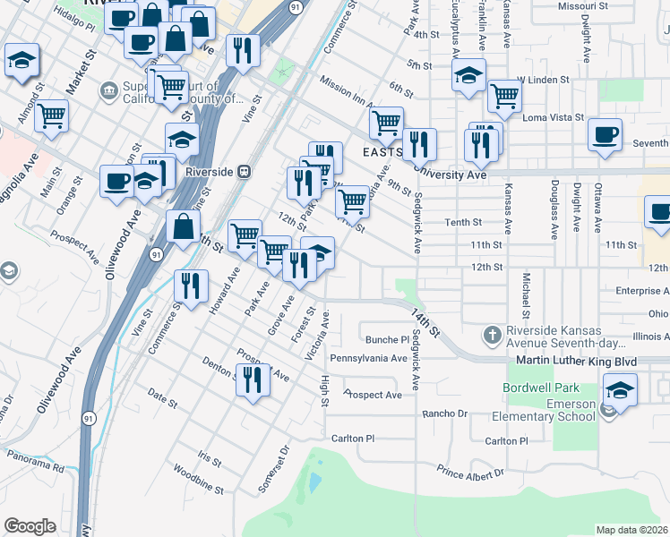 map of restaurants, bars, coffee shops, grocery stores, and more near 2727 13th Street in Riverside