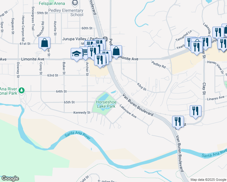 map of restaurants, bars, coffee shops, grocery stores, and more near 8781 Lakeview Avenue in Riverside
